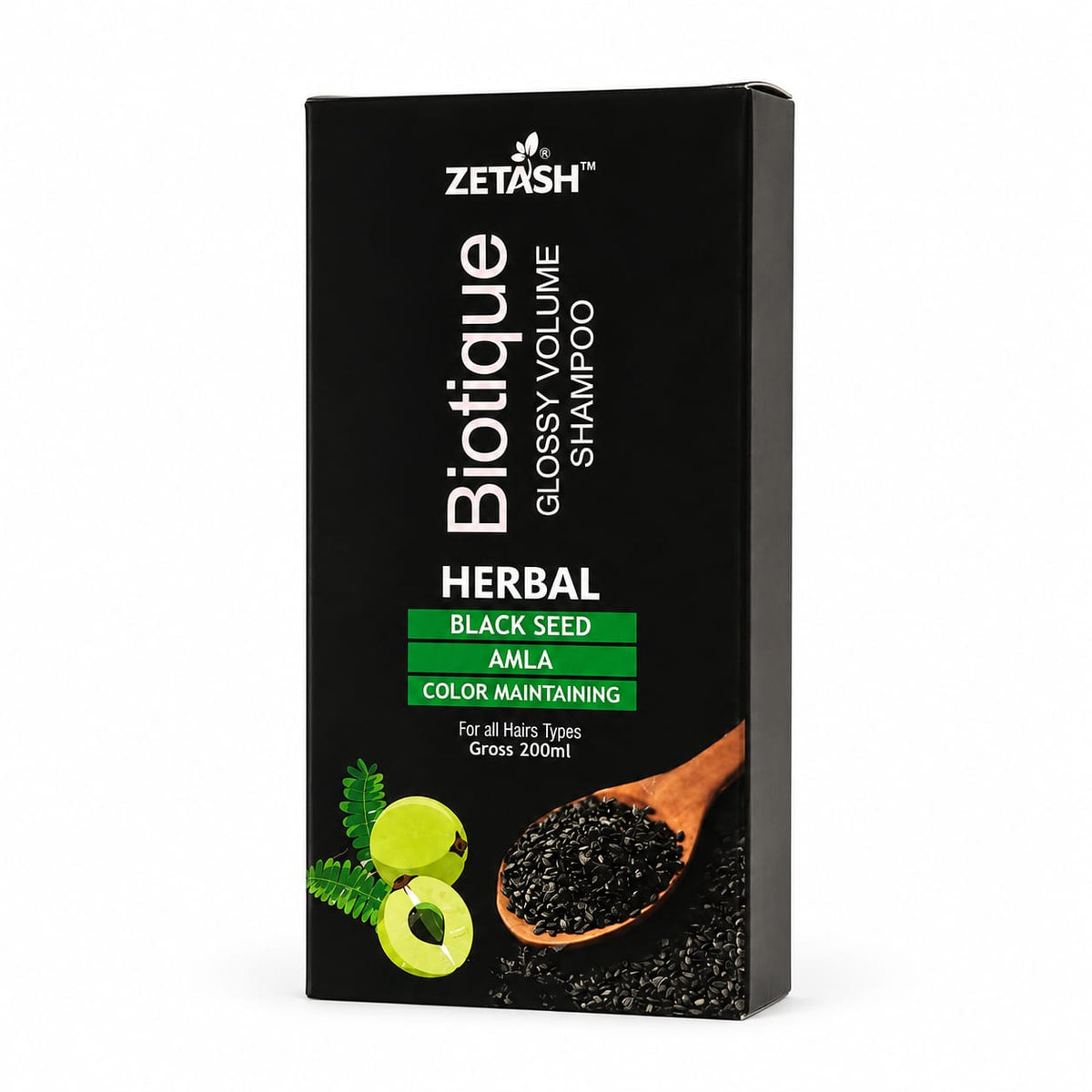 ZETASH Biotique Glossy Volume Herbal Shampoo – Black Seed & Amla | 200ml